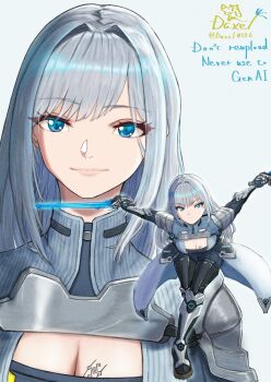 1girl artist_name black_boots blue_eyes boots breast_tattoo breasts cleavage cleavage_cutout clothing_cutout commentary_request daxel0126 ethel_(xenoblade) grey_hair hair_intakes highres holding holding_sword holding_weapon large_breasts long_hair multiple_views pink_lips smile sword tattoo twitter_username watermark weapon xenoblade_chronicles_(series) xenoblade_chronicles_3
