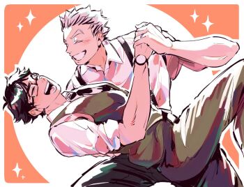 2boys akaashi_keiji arm_up black-framed_eyewear black_hair black_necktie black_pants bokuto_koutarou border commentary english_commentary glasses grey_hair grin haikyuu!! holding_hands jewelry male_focus multiple_boys necktie open_mouth pants ring shirt short_hair short_sleeves sleeves_rolled_up smile sparkle spiked_hair teeth vest watch white_border white_shirt wristwatch yanghinataboke yaoi