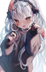 Rule 34 | 1girl, black bow, black sweater, blush, bow, commentary request, dutch angle, hair ornament, hairclip, hands up, heart, heart tattoo, highres, holding, holding own hair, hood, hooded sweater, indie virtual youtuber, jewelry, kuromu (96-94), long hair, looking at viewer, multiple rings, open mouth, red eyes, red nails, ring, sabita hagane, sharp teeth, simple background, sliced meat, smile, solo, sweater, tattoo, teeth, upper body, virtual youtuber, white background, white hair, x hair ornament