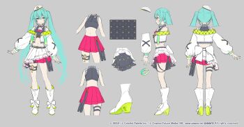 1girl aqua_eyes aqua_hair ashima_(roro046) back_bow black_shirt bow commentary_request company_name concept_art copyright_notice crop_top full_body hair_between_eyes hat hatsune_miku highres jacket long_hair multiple_views official_alternate_costume official_art open_clothes open_jacket pink_skirt project_sekai reference_sheet shirt shoes skirt sleeveless sleeveless_shirt thigh_strap turnaround twintails very_long_hair vocaloid watermark web_address white_bow white_hat white_jacket white_shoes white_skirt