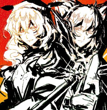 Rule 34 | 2girls, cape, cowboy shot, hashtag-only commentary, high collar, highres, limited palette, long hair, looking at another, matara okina, monitor51, multiple girls, oekaki, ritual baton, short hair, sideways glance, sketch, sun print, tabard, touhou, toyosatomimi no miko