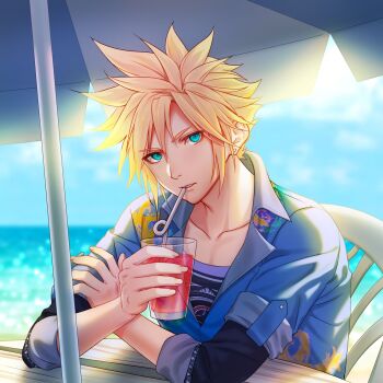 1boy aqua_eyes beach beach_umbrella black_shirt blonde_hair blue_shirt chinese_commentary cloud_strife cloud_strife_(ocean_chocobo) commentary_request crazy_straw cup cyacyacyacyaki day drink drinking_straw final_fantasy final_fantasy_vii final_fantasy_vii_rebirth final_fantasy_vii_remake hair_between_eyes hand_on_own_arm head_tilt highres holding holding_cup holding_drink lapels layered_sleeves long_sleeves looking_at_viewer male_focus notched_lapels ocean outdoors shirt short_hair short_over_long_sleeves short_sleeves sitting solo spiked_hair umbrella upper_body