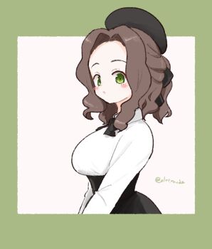 1girl beret black_hat black_skirt blush_stickers border breasts brown_hair forehead from_side green_border green_eyes hat high-waist_skirt highres large_breasts long_hair long_sleeves looking_at_viewer olto_rondo original parted_lips raised_eyebrows skirt solo white_background