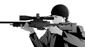 1boy absurdres aiming akai_shuuichi beanie closed_mouth commentary_request fingernails greyscale gun hat highres holding holding_gun holding_weapon jacket kotomine_(a1569) long_sleeves looking_through_scope male_focus meitantei_conan monochrome rifle short_hair sniper_rifle solo spot_color trigger_discipline weapon white_background