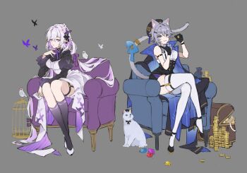 2girls absurdres alternate_costume animal animal_ears animal_print ankle_strap arm_strap armchair beret bird birdcage black_butterfly black_cape black_gloves black_hat black_ribbon black_shirt black_shoes black_shorts black_socks blue_cape blue_eyes blue_gem blue_ribbon braid breasts bug butterfly butterfly_hair_ornament butterfly_print cage cape castorice_(honkai:_star_rail) cat cat_ears cat_girl cat_tail chair cipher_(honkai:_star_rail) clothed_animal coin coin_stack collared_shirt commentary crossed_legs dove dress elbow_rest expressionless flower frilled_sleeves frills full_body garter_straps gem gloves gold_coin grey_background grey_hair hair_flower hair_flowing_over hair_intakes hair_ornament hair_ribbon hairclip hand_to_own_mouth hands_up hat high-low_dress high-waist_shorts high_heels highres holding holding_coin honkai:_star_rail honkai_(series) index_finger_raised insect juliet_sleeves large_breasts legs_together long_hair long_sleeves looking_at_viewer low-tied_long_hair low_twintails multiple_girls nail_polish neck_ribbon papajay_(jennygin2) parallel_hairclips parted_lips pinstripe_dress pinstripe_pattern pointy_ears pouch puffy_sleeves purple_butterfly purple_dress purple_eyes purple_gem purple_hair purple_nails purple_ribbon red_gem ribbon shirt shoes short_hair short_shorts shorts side-by-side side_braid side_cape sidelocks sideways_glance simple_background sitting sleeveless sleeveless_shirt smile socks strapless strapless_dress suspender_shorts suspenders tail tail_ornament tail_raised tail_ribbon tail_ring thigh_strap thighhighs treasure_chest twintails two-sided_cape two-sided_dress two-sided_fabric untranslatable_commentary very_long_hair white_cat white_dress white_shirt white_shoes white_thighhighs yellow_gem