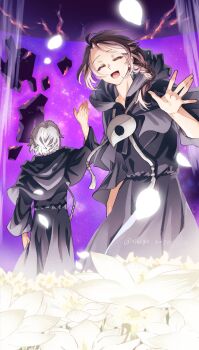 2boys ^_^ androgynous arm_up black_capelet black_robe braid capelet closed_eyes cowboy_shot drawstring emet-selch facing_away facing_viewer falling_petals field final_fantasy final_fantasy_xiv flower flower_field glowing glowing_flower glowing_petals highres hood hood_down hooded_capelet hythlodaeus male_focus mask mask_around_neck medium_hair multiple_boys open_mouth outdoors petals purple_hair purple_sky robe shards short_hair side_braid signature sikiso_soso single_braid sky smile sophist&#039;s_robe_(ff14) standing star_(sky) starry_sky twitter_username unworn_mask walking_away waving white_flower white_hair
