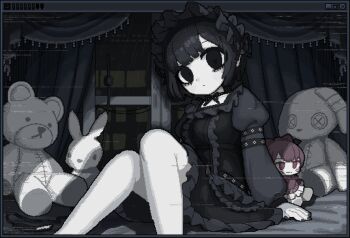 1girl arm_support black_choker black_eyes black_hair black_hairband black_nails black_ribbon breasts center_frills choker closed_mouth collar commentary curtains distortion dithering doll door dress empty_eyes expressionless frilled_collar frilled_dress frilled_hairband frills gothic_lolita hairband indoors juliet_sleeves ketopon knees_up kurosaki_reika_(ketopon) lolita_fashion long_sleeves looking_at_viewer medium_breasts original outside_border pale_skin pixel_art puffy_long_sleeves puffy_sleeves ribbon ribbon_choker short_hair sitting solo square_neckline stuffed_animal stuffed_rabbit stuffed_toy symbol-only_commentary teddy_bear window_(computing)