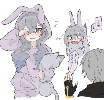 Rule 34 | 1boy, 1girl, animal-shaped pillow, animal ears, arm up, black gloves, caelus (honkai: star rail), cat-shaped pillow, commentary request, drill hair, embarrassed, fake animal ears, from behind, gloves, highres, holding, holding pillow, honkai: star rail, honkai (series), hugging object, open mouth, pajamas, partially fingerless gloves, pillow, pillow hug, purple pajamas, silver wolf (honkai: star rail), speech bubble, trailblazer (honkai: star rail), translation request, tukuti, twin drills, upper body, waking up