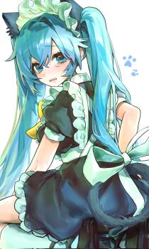 1girl alternate_costume animal_ears between_legs black_dress black_shoes blue_eyes blue_hair commentary double-parted_bangs dress fang frilled_dress frills from_behind hair_between_eyes hair_intakes hand_between_legs hatsune_miku highres long_hair looking_back maid maid_headdress open_mouth paw_print puffy_sleeves seiza shoes short_sleeves sidelocks simple_background sitting socks solo tail translated twintails vocaloid white_background white_socks yuuri_(0914yuuri_k)