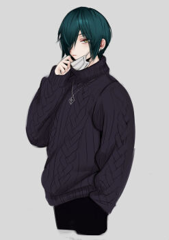1boy 2n5 ;i androgynous aqua_hair black_sweater cable_knit closed_mouth cropped_legs earrings grey_background hair_over_one_eye hand_in_pocket highres iriya-kun jewelry looking_at_viewer male_focus mask mask_pull mouth_mask original pale_skin pendant scene_cut short_hair single_earring solo sweater yellow_eyes