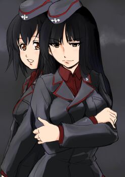Rule 34 | 2girls, aged down, black jacket, garrison cap, girls und panzer, hat, idegami kikuyo, jacket, kuromorimine military uniform, makito (1102214), multiple girls, nishizumi shiho