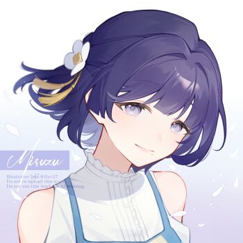 Rule 34 | 1girl, baizhe (ifav27), character name, closed mouth, falling petals, floating hair, flower, frilled shirt collar, frills, gakuen idolmaster, gradient background, hair flower, hair ornament, hashtag-only commentary, hataya misuzu, highres, idolmaster, looking at viewer, mole, mole under mouth, petals, purple eyes, purple hair, shirt, short hair, sleeveless, sleeveless shirt, smile, solo, twitter username, upper body, watermark, white background, white flower, white shirt, wind