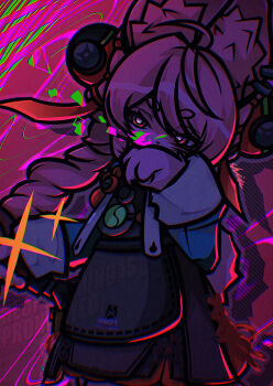 1girl ahoge animal_ear_fluff animal_ear_piercing animal_ears animal_hands black_dress blue_shirt braid bright_pupils commentary_request dress furry furry_female hair_ornament highres long_hair long_sleeves pinafore_dress pink_hair rabbit_ears rabbit_girl red_eyes shirt shiushiu_kurauneru_plus sleeveless sleeveless_dress solo sphere_hair_ornament thick_eyebrows twin_braids watermark white_pupils zenless_zone_zero zhao_(zenless_zone_zero)