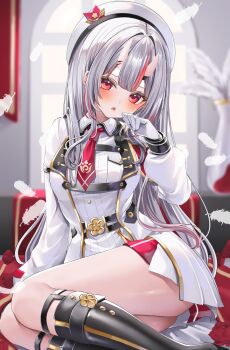 1girl beret boots center-flap_bangs collared_dress commentary dress falling_feathers feathers gloves gold_trim grey_hair hair_between_horns hat highres hololive horns indoors jacket knee_boots long_hair long_sleeves looking_at_viewer multicolored_hair nakiri_ayame nakiri_ayame_(9th_costume) necktie official_alternate_costume official_alternate_hairstyle ohagetty oni open_mouth red_eyes red_hair red_necktie short_necktie sidelocks sitting skin-covered_horns solo streaked_hair symbol-only_commentary teeth upper_teeth_only virtual_youtuber white_dress white_gloves white_hat white_jacket