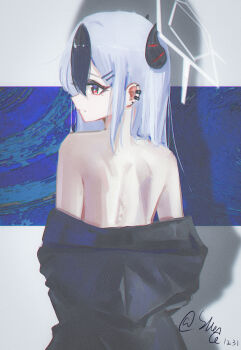 1girl absurdres bare_back black_hair black_kimono blue_archive closed_mouth commentary demon_girl demon_horns ear_piercing english_commentary from_behind hair_between_eyes hair_down halo highres horns japanese_clothes kayoko_(blue_archive) kayoko_(new_year)_(blue_archive) kimono long_hair looking_to_the_side multicolored_hair official_alternate_costume official_alternate_hairstyle piercing red_eyes siience solo two-tone_hair white_hair white_halo