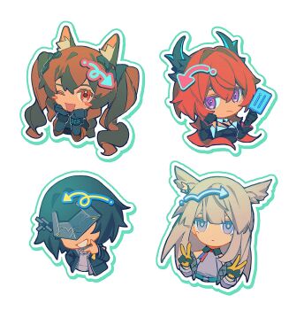 4girls :/ :d angelina_(arknights) animal_ear_fluff animal_ears arknights arknights:_endfield belt bird_ears bird_girl black_coat black_dress black_gloves black_horns black_thighhighs blush_stickers breasts brown_hair chibi coat commentary demon_horns diamond-shaped_pupils diamond_(shape) double_v dress elbow_gloves endministrator_(arknights) english_commentary expressionless eye_mask female_endministrator_(arknights) food fox_ears fox_girl gilberta_(arknights) gloves grey_dress grin hand_on_own_chin headpiece high_belt high_collar highres holding holding_food holding_popsicle horns impossible_clothes impossible_dress infection_monitor_(arknights) kana_(knmoca) laevatain_(arknights) long_hair long_sleeves mask medium_breasts medium_hair multiple_girls one_eye_closed open_clothes open_coat open_mouth outline perlica_(arknights) popsicle purple_eyes red_coat red_eyes red_hair short_dress simple_background sleeveless sleeveless_dress smile surtr_(arknights) sweater symbol-shaped_pupils teeth thighhighs thinking twintails upper_teeth_only v w white_background white_sweater wide_sleeves yellow_gloves yellow_pupils zettai_ryouiki