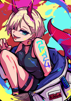 1girl 2024 absurdres arm_tattoo black_tank_top blonde_hair blue_eyes blue_jacket breasts closed_mouth colorful_background commentary_request fingernails hair_over_one_eye hand_up highres horns jacket jacket_partially_removed karan_koron100 knee_up looking_at_viewer medium_breasts number_tattoo original parted_bangs short_hair smile solo tank_top tattoo tongue tongue_out