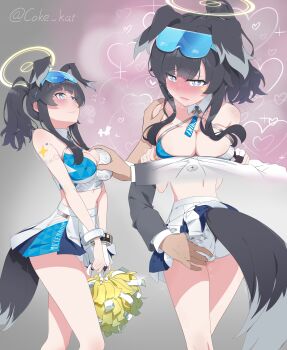 1girl absurdres animal_ears blue_archive blush breasts cheerleader cleavage disembodied_hand dog_ears dog_tail embarrassed goggles goggles_on_head grabbing_another&#039;s_ass grabbing_another&#039;s_breast groping halo hibiki_(blue_archive) hibiki_(cheer_squad)_(blue_archive) highres large_breasts miniskirt official_alternate_costume panties pom_pom_(cheerleading) ponytail skirt tail underwear white_panties