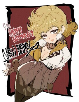 1girl :d black_pantyhose blonde_hair border breasts brown_eyes character_name cleavage cowboy_shot dated earrings english_text from_above fur-trimmed_sleeves fur_trim grey_skirt happy_birthday highres holding holding_paper jacket jewelry large_breasts looking_at_viewer miniskirt ms._newbabel open_mouth outside_border pantyhose paper pencil_skirt pom_pom_(clothes) pom_pom_earrings red_background reverse:1999 short_hair skirt smile solo white_border white_jacket ziyunshanding