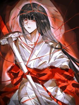 1girl black_hair bridal_veil hashtag-only_commentary highres hood japanese_clothes katana kimono limbus_company long_hair looking_at_viewer open_mouth project_moon red_eyes red_sash ryoshu_(project_moon) sash see-through_clothes shiromuku solo sword uchikake veil wataboushi weapon white_kimono xiao_mai