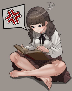 1girl absurdres anger_vein barefoot black_eyes black_ribbon blunt_bangs blush book brown_hair clenched_teeth commentary_request face_piercing fear_&amp;_hunger_(series) fear_&amp;_hunger_2:_termina feet full_body grey_background highres holding holding_book indian_style legs long_hair long_sleeves marina_(fear_&amp;_hunger) minami_no_uo-za mouth_piercing nail_polish neck_ribbon open_book piercing pink_skirt pleated_skirt reading ribbon shadow shirt simple_background sitting skirt solo spoken_anger_vein sweat teeth toenail_polish toenails toes white_shirt