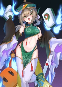 Rule 34 | 1girl, absurdres, alternate costume, bare shoulders, black panties, black shoes, breasts, brown hair, commentary request, detached sleeves, excella (delltothu), fang, foot out of frame, frilled sleeves, frills, gold trim, green eyes, green hat, green shirt, hair ornament, hat, highres, holding, holding mahjong tile, honkai: star rail, honkai (series), linea alba, looking at viewer, mahjong, mahjong tile, midriff, navel, open mouth, panties, pelvic curtain, pom pom (clothes), pom pom hair ornament, qingque (honkai: star rail), shirt, shoes, sleeveless, sleeveless shirt, sleeves past fingers, sleeves past wrists, small breasts, solo, standing, standing on one leg, tassel, thighhighs, twintails, underwear, white thighhighs