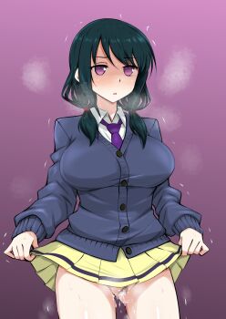 Rule 34 | 1girl, black hair, blazer, blush, bottomless, breasts, cardigan, censored, clothes lift, cowboy shot, dripping, gluteal fold, heavy breathing, highres, jacket, large breasts, long hair, low twintails, mosaic censoring, necktie, open mouth, pubic hair, purple eyes, purple necktie, pussy, pussy juice, school uniform, shirt, skirt, skirt lift, solo, sweat, tamura yuri, thighs, trembling, twintails, ufufuto, watashi ga motenai no wa dou kangaetemo omaera ga warui!, white shirt, yellow skirt