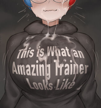 1girl absurdres bergoq black_hoodie blue_hair blush breasts commentary cum cum_on_body cum_on_breasts cum_on_chest cum_on_clothes cum_on_upper_body cum_string english_commentary english_text facial glasses highres hood hood_down hoodie large_breasts multicolored_hair nintendo penny_(pokemon) pokemon pokemon_scarlet_and_violet red_hair round_eyewear simple_background solo two-tone_hair upper_body wavy_mouth