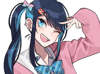 1girl ado_(utaite) alternate_hairstyle blue_bow blue_bowtie blue_eyes blue_hair blue_nails bow bowtie cardigan chando_(ado) cloud_nine_inc collared_shirt colored_inner_hair commentary dark_blue_hair dress_shirt ear_piercing earrings gradient_bow hair_bow hair_ornament hairclip jewelry long_hair long_sleeves looking_at_viewer mole mole_under_eye multicolored_hair nail_polish one_eye_closed open_mouth piercing pink_cardigan plaid_bow plaid_bowtie plaid_clothes polka_dot polka_dot_bow riseno shirt side_ponytail sidelocks simple_background single_off_shoulder sleeves_past_fingers sleeves_past_wrists solo stud_earrings teeth two-tone_hair upper_body upper_teeth_only utaite white_background white_shirt
