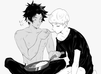 Rule 34 | 2boys, abs, arm support, asuka ryou, bare legs, belt, chewing, closed eyes, collarbone, commentary request, devilman, devilman crybaby, eating, eyelashes, food, frying pan, fudou akira, grey background, greyscale, holding, holding pan, holding spoon, holding utensil, huziqunzi, indian style, kneeling, long shirt, looking at another, male focus, monochrome, multiple boys, navel, nipples, omelet, omurice, pectorals, seiza, shirt, short hair, short sideburns, short sleeves, simple background, single bare shoulder, sitting, spiked hair, spoon, topless male, utensil