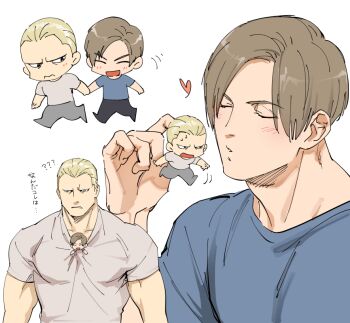 2boys ? ?? angry bara blonde_hair blue_eyes blue_shirt blush brown_hair brown_shirt chibi chibi_inset closed_eyes couple holding_hands incipient_kiss jack_krauser large_pectorals leon_s._kennedy looking_at_another mini_person miniboy multiple_boys muscular muscular_male open_mouth pectorals resident_evil resident_evil:_the_darkside_chronicles resident_evil_4 shirt short_hair simple_background smile tatsumi_(psmhbpiuczn) translation_request upper_body yaoi
