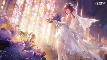 1girl aether_gazer ahoge artist_request blue_eyes bouquet breasts bridal_veil character_request closed_mouth dress elbow_gloves flower gloves hair_flower hair_ornament heterochromia highres holding holding_bouquet official_art purple_flower purple_rose red_hair rose second-party_source solo stained_glass tassel thighhighs veil white_dress white_flower white_gloves white_thighhighs window yellow_eyes