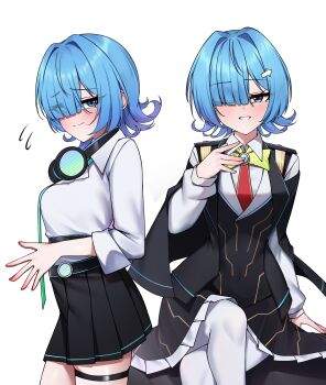 Rule 34 | 1girl, aqua necktie, arrow hair ornament, black dress, black jacket, black skirt, blue eyes, blue hair, blue sky, blush, closed mouth, cosplay, crossed legs, dress, gekhuay, hand up, headphones, headphones around neck, highres, i.r.i.s. (wuthering waves), jacket, long sleeves, looking at viewer, lynae (wuthering waves), lynae (wuthering waves) (cosplay), multiple views, necktie, pantyhose, shirt, short hair, sitting, skirt, sky, white pantyhose, white shirt, wuthering waves