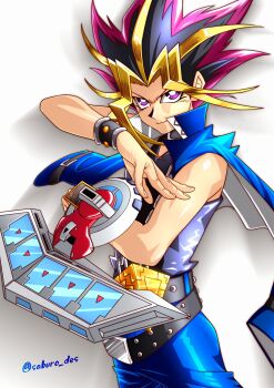 1boy belt black_belt black_hair black_tank_top blonde_hair blue_jacket chain chain_necklace commentary_request duel_disk hashtag-only_commentary highres jacket jacket_on_shoulders jewelry looking_at_viewer male_focus millennium_puzzle multicolored_hair multiple_belts necklace purple_eyes purple_hair saburo_des smile solo tank_top twitter_username upper_body wristband yami_yugi yu-gi-oh! yu-gi-oh!_duel_monsters