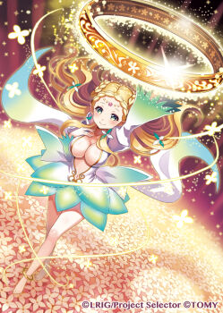 1girl arm_up barefoot blonde_hair blue_eyes blush breasts cleavage closed_mouth commentary_request copyright_notice dress field flower flower_field hand_on_own_chest large_breasts looking_at_viewer madopen official_art sashe_(wixoss) solo white_dress wixoss