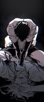 2boys absurdres arm_tattoo black_background blue_lock boy_on_top chimmyming chromatic_aberration greyscale highres holding_another&#039;s_wrist isagi_yoichi layered_sleeves long_sleeves looking_at_another lying male_focus michael_kaiser monochrome multiple_boys on_back open_mouth short_hair short_over_long_sleeves short_sleeves shorts simple_background soccer_uniform sportswear strangling tattoo yaoi