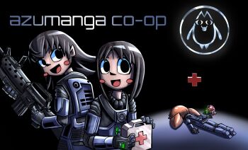 3girls armor assault_rifle azumanga_daiou black_hair blue_armor blush brown_hair cat copyright_name cosplay crossover derivative_work first_aid_kit gun half-life half-life_(series) half-life_1 hev_suit highres holding holding_gun holding_weapon kasuga_ayumu logo_parody m16 mihama_chiyo mihama_chiyo&#039;s_father multiple_girls power_armor rifle screenshot_redraw snark_(half-life) srherbii takino_tomo twintails video_game weapon
