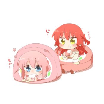 2girls :t blue_eyes blush bocchi_the_rock! brown_footwear brown_sailor_collar brown_shirt chibi closed_mouth eating food food_on_face gotoh_hitori hair_between_eyes holding holding_food in_food jacket kita_ikuyo long_sleeves multiple_girls one_side_up pink_hair pink_jacket puffy_long_sleeves puffy_sleeves rebecca_(keinelove) red_hair sailor_collar school_uniform serafuku shadow shirt shoe_soles shoes simple_background sitting sleeves_past_wrists track_jacket translation_request white_background yellow_eyes