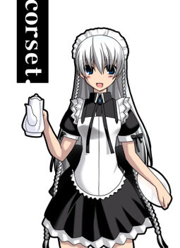 00s 1girl :d apron ar_tonelico ar_tonelico_i blush braid coffee_pot female_focus gust holding long_hair looking_at_viewer maid maid_apron multiple_braids open_mouth shurelia_(ar_tonelico) silver_hair simple_background smile solo very_long_hair white_background yamaura_tamaki