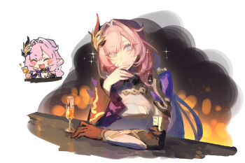 1girl blue_eyes blush_stickers breasts champagne_flute chibi chinese_commentary cleavage commentary_request corset cup drinking_glass elf elysia_(honkai_impact) elysia_(miss_pink_elf)_(honkai_impact) hair_ornament highres honkai_(series) honkai_impact_3rd large_breasts long_hair looking_at_viewer pink_hair pointy_ears seawave02974 shrug_(clothing) smile solo white_corset