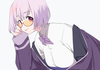 Rule 34 | 1girl, bow, bowtie, breasts, collared shirt, glasses, gridman universe, jacket, leaning forward, long sleeves, looking at viewer, off shoulder, pink hair, purple bow, purple bowtie, purple eyes, purple jacket, shinjou akane, shirt, short hair, sleeves past wrists, smile, sohin, solo, ssss.gridman, tinted eyewear, tongue, tongue out, upper body, white shirt