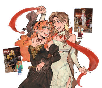 2girls absurdly_long_hair black_dress blue_eyes braid braided_sidelocks breasts brown_hair choker cleavage commentary cosplay couple dancing dress dungeon_meshi earrings english_commentary eydilily eye_contact falin_touden falin_touden_(cosplay) geminitay glasses hermitcraft highres holding_hands jewelry long_hair looking_at_another marcille_donato marcille_donato_(cosplay) medium_breasts minecraft minecraft_youtube multiple_girls one_eye_closed orange_hair pearlescentmoon pearlescentmoon_(postmaster) pointy_ears reference_inset ribbon_choker round_eyewear sidelocks signature simple_background small_breasts smile stole strapless strapless_dress very_long_hair white_background white_dress yuri