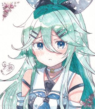 Rule 34 | 1girl, black ribbon, blue eyes, blush, breasts, fantasydolce, frown, green eyes, green hair, hair between eyes, hair flaps, hair ornament, hair ribbon, hairclip, highres, kantai collection, long hair, looking at viewer, neckerchief, one-hour drawing challenge, paper texture, ponytail, ribbon, school uniform, serafuku, signature, solo, upper body, white background, yamakaze (kancolle)