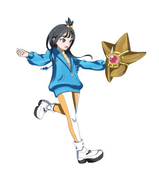 1girl :d black_hair blue_hoodie chinese_commentary commentary_request cube_hair_ornament gen_1_pokemon grey_eyes hair_ornament highres hood hood_down hoodie knees leg_up leggings lida_(pokemon) long_hair long_sleeves looking_down nintendo open_mouth pokemon pokemon_(creature) pokemon_legends:_z-a shi_ye_ling shoes sidelocks simple_background smile socks staryu tongue topknot white_background white_shoes white_socks
