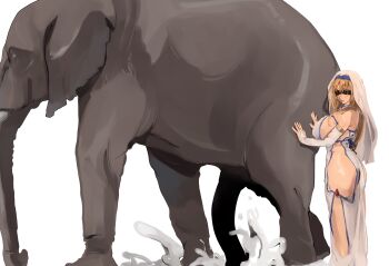 absurdres animal_penis ass bare_shoulders bestiality blindfold blonde_hair blush breasts bridal_gauntlets cum elephant erection goblin_slayer! highres huge_breasts huge_penis long_hair mamimi_(mamamimi) penis robe sideboob sword_maiden veil white_background
