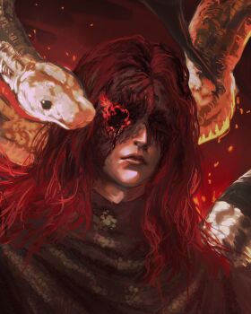 1boy armor burn_scar chainmail closed_mouth commentary elden_ring elden_ring:_shadow_of_the_erdtree embers english_commentary highres kite_square lips long_hair male_focus messmer_the_impaler missing_eye parted_hair portrait red_hair scar snake solo white_snake