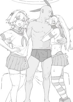 Rule 34 | 3boys, astolfo (fate), astolfo (sailor paladin) (fate), bald, blush, bow, braid, braided ponytail, briefs, bulge, bulge lift, chevalier d'eon (fate), classic fly briefs, cosplay, crop top, elbow gloves, erection, erection lifting skirt, erection under clothes, fate/grand order, fate (series), gloves, greyscale, hair bow, hair intakes, hand on another's back, hand on another's chest, hand on another's shoulder, hand on back, hand on shoulder, hands on own hips, heart, heart in mouth, highleg, highleg panties, highres, kantai collection, long hair, looking at viewer, male underwear, mask, miniskirt, mo (kireinamo), monochrome, mouth mask, multiple boys, neckerchief, open mouth, panties, ponytail, sailor collar, school uniform, serafuku, shimakaze-kun, shimakaze (kancolle), shimakaze (kancolle) (cosplay), short sleeves, skirt, smile, striped clothes, striped legwear, striped thighhighs, thighhighs, thighs, trap, underwear, yaoi