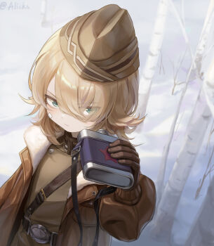 Rule 34 | 1girl, :/, absurdres, aged down, alicks (pixiv 19241330), artist name, belt, birch tree, blonde hair, blue eyes, brown belt, brown dress, brown gloves, brown hat, brown jacket, dress, garrison cap, gloves, hat, highres, holding canteen, jacket, lilya (reverse:1999), looking at object, outdoors, reverse:1999, sam browne belt, short hair, snow, solo, tree, upper body, v-shaped eyebrows
