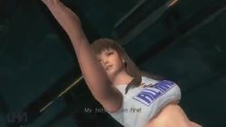 1girl 3d animated sound beach bikini blue_bikini bouncing_breasts breasts brown_eyes brown_hair dead_or_alive dead_or_alive_5 dead_or_alive_5_last_round elevator hairband hitomi_(doa) video palm_tree platform sand sandals swimsuit tagme tank_top tree white_tank_top