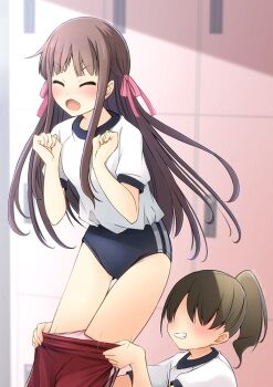 Rule 34 | 2girls, alternate costume, assisted exposure, black buruma, blush, brown hair, buruma, closed eyes, clothes pull, commentary request, commission, embarrassed, faceless, faceless female, fruits basket, gym shirt, gym uniform, hair ribbon, honda tohru, locker, locker room, long hair, long sidelocks, looking at viewer, multiple girls, nose blush, pants, pants pull, pantsing, ponytail, ribbon, shibacha, shirt, sidelocks, skeb commission, solo, t-shirt, white shirt